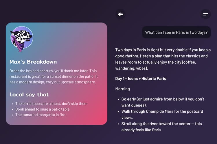 Screenshot of Max's breakdown and chat